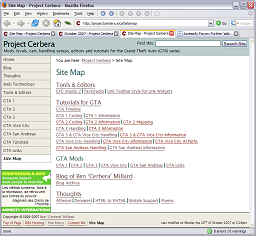 Click for larger image. Screenshot shows the new Site Map, with 34 links grouped by 5 headings.