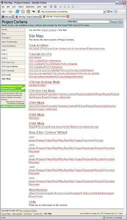 Click for larger image. Screenshot shows the old Site Map, with 122 links grouped by 10 headings and 5 subheadings.