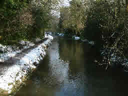 Click for larger image Tree-lined canal with a little ice and frozen towpath.