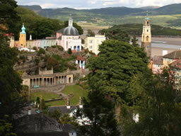 Secret viewpoint high up in the woods, looking down onto the central green and surrounding buildings.