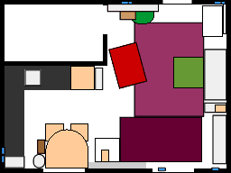 All furniture shown as coloured rectangles in a top-down view of Fiona&rsquo;s flat.