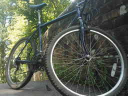 My mountain bicycle lent against the brick bridge.