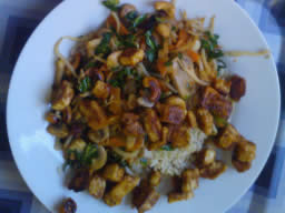 Looking down on Tofu cubes mixed with stir fried vegetables and some noodles, all set on a bed of white rice.