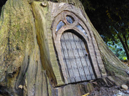 Totally obscure and unmarked, a tiny tree stump with a mouse house door built into it!