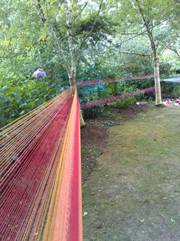 Brightly coloured threads suspended in groups between trees. A bit like a loom.