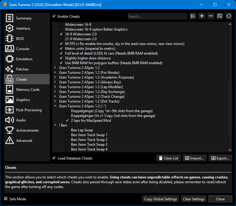 DuckStation Settings > Cheats.