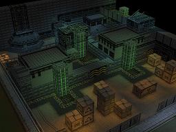 Click to view large image Fortified buildings separated by courtyards with 3 generator towers and metal stairwells.
