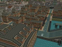 Zig-zagging slopes on a Looney roof, with various building heights and styles beyond. Posh apartments and wide boulevards are near the horizon. 