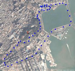 Satellite image of Macau Circuit. Route is marked with dots.