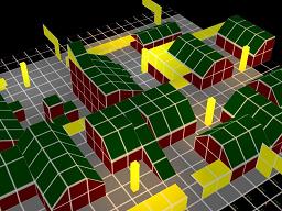 Warehouses viewed with colours indicating surface type.