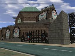 Click to view large image Imposing church with stained-glass windows, behind iron railings with high metal gates.