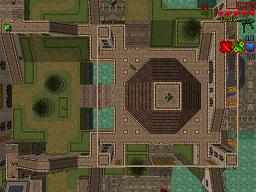 Click to view large image Central temple sits on a platform surrounded by stone fortifications.