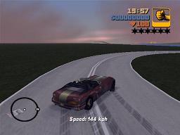 Banshee powersliding around a long right-hand curve.