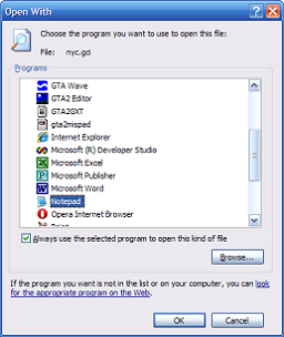 Open With window with Notepad selected.