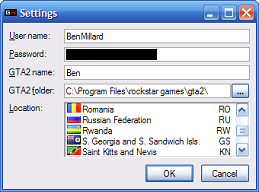 Click for larger image User name, Password, GTA2 name, GTA2 folder and Location.