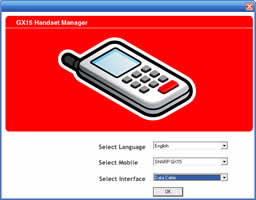 640&times;500 pixel window with upper half in bright red with a big, grey, isometric icon depicting a rather outdated mobile phone. The 3 dropdowns and a button have not inherited XP themes.