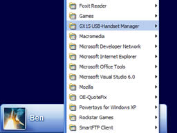Start menu with GX15 USB-Handset Manager selected. It is almost the longest item.