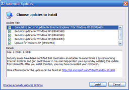 Viewing the list of available updates. All of them are ticked.